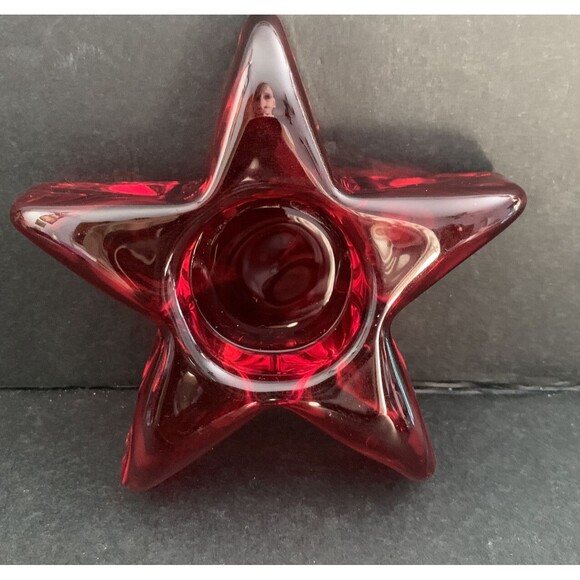 Set of 2 Red Glass Star Candle Holders – Tealight Votive Holiday Decor - Picture 2 of 4
